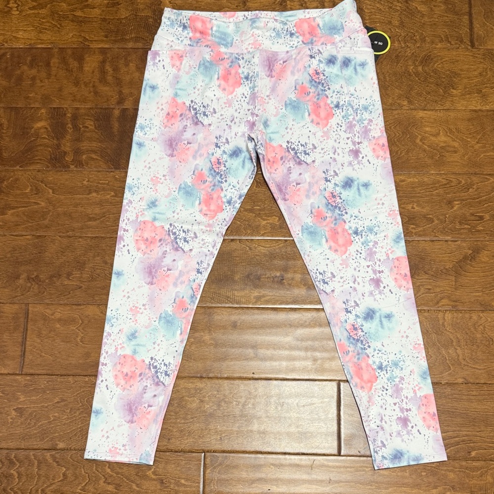 NWT Size XL (14-16) Plus Athletic Works Watercolor Leggings - Pink & Blue